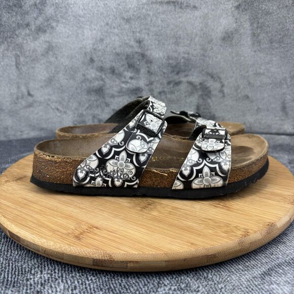 Papillio by Birkenstock Two Strap Sandals Womens 6 37 Black White Floral Print - Picture 1 of 12
